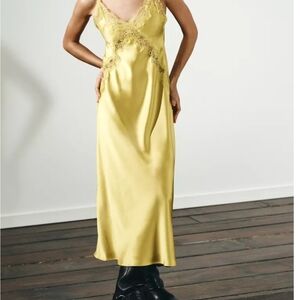 Zara Satin Lace-Trim Slip Dress in Yellow-Green